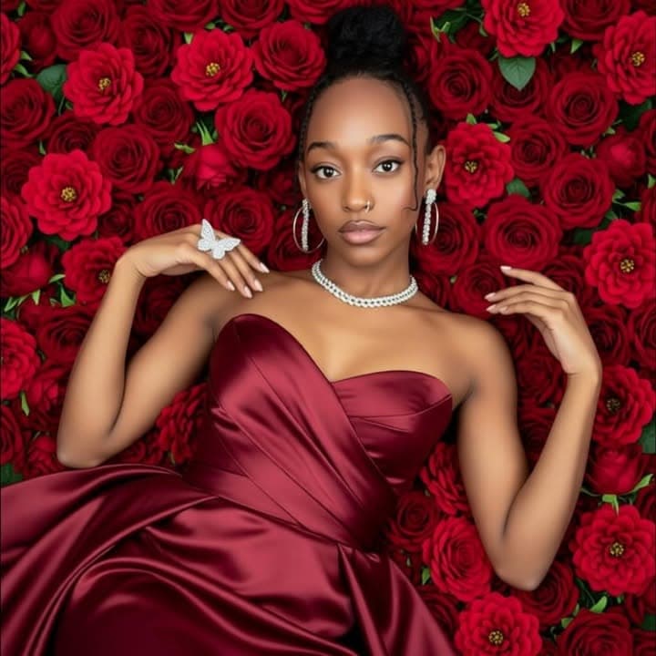 Burgundy satin gown on a wall of red roses