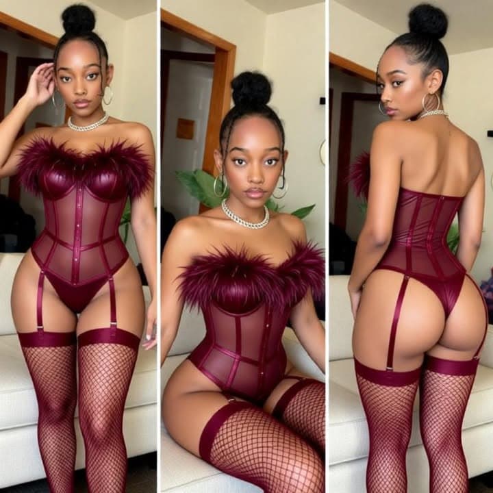 Burgundy corset set, three poses