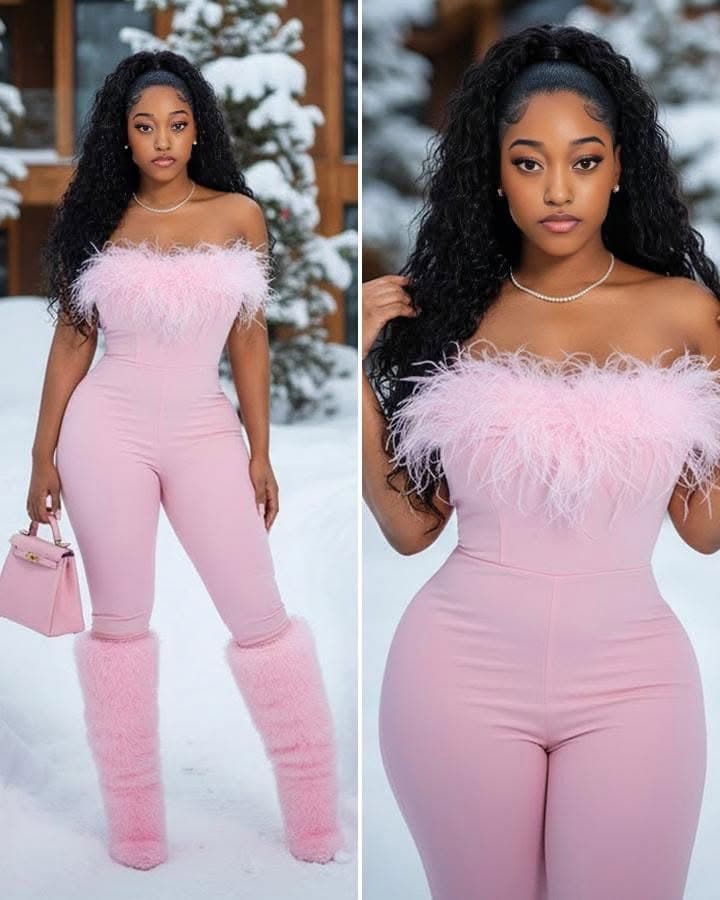Pink feather jumpsuit in the snow