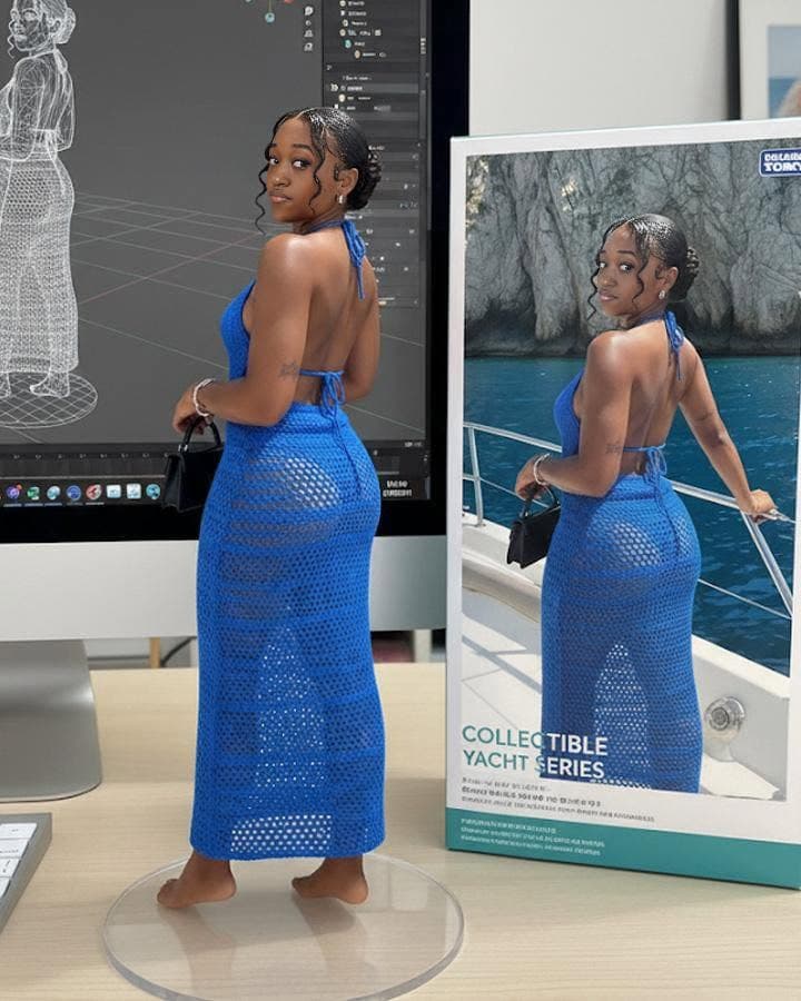 Blue crochet dress, collectible figure concept