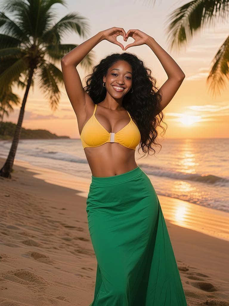 Sunset on the beach in a yellow top and green skirt
