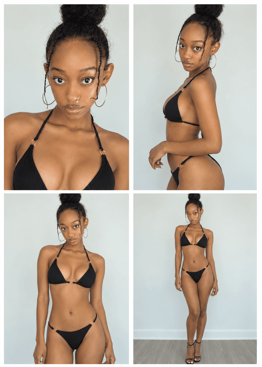 Digitals: close-up, side profile, front and full-length poses against a plain wall